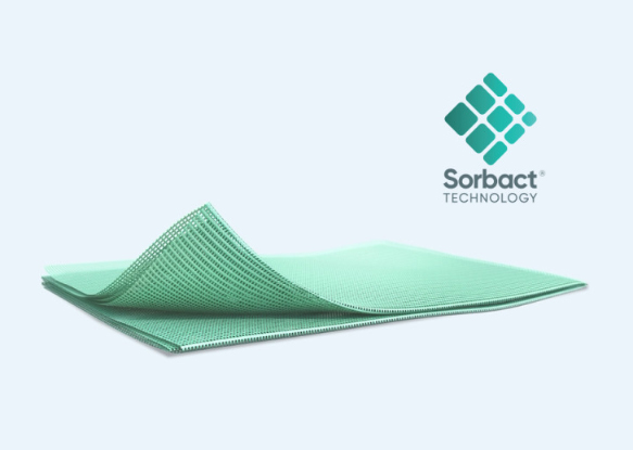Image showing a Sorbact dressing against a blue background with the logo to the left Image showing a Sorbact dressing against a blue background with the logo to the left